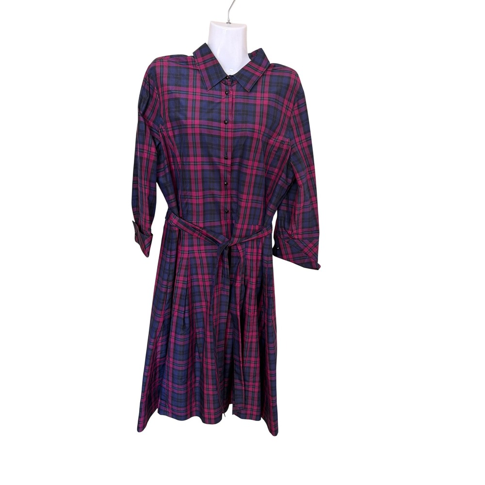 Talbots Magenta Navy Plaid Fit and Flare Belted Shirt Dress Size 16 Lined